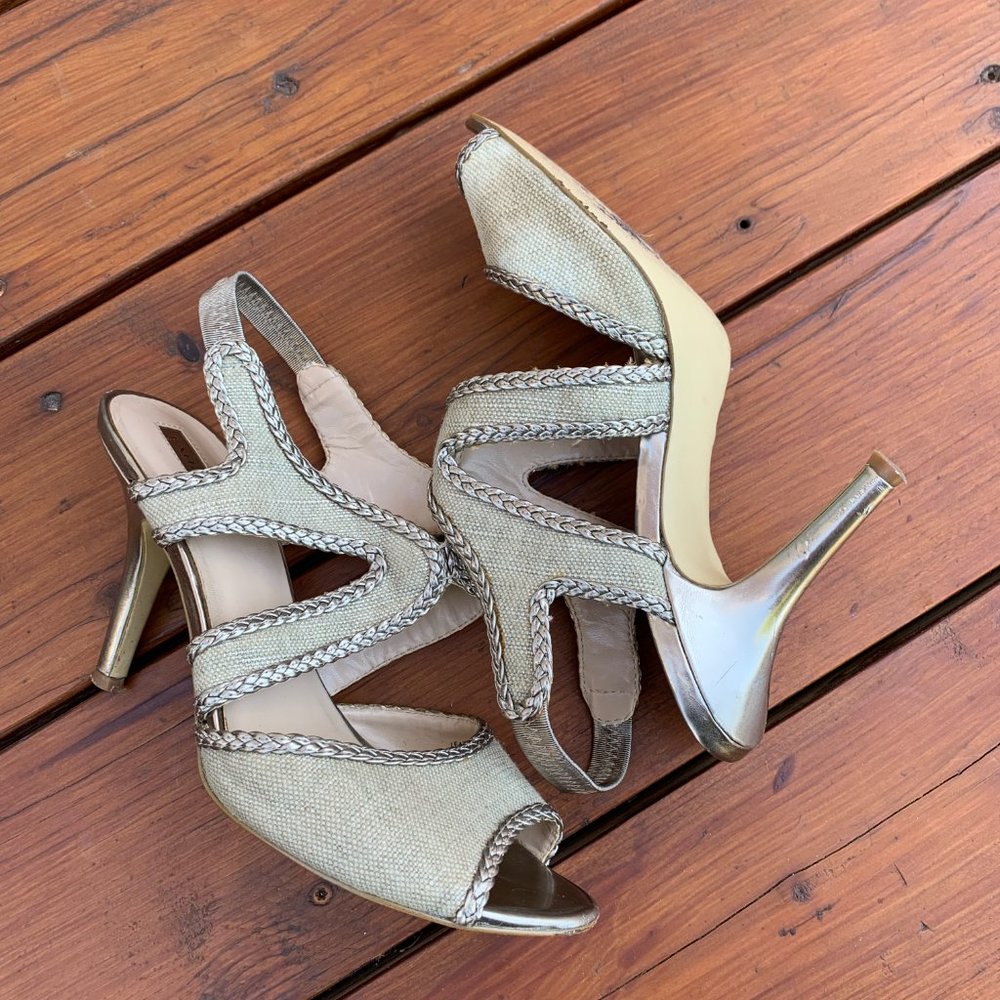 Tahari Gold Leather Shimmer Linen Lauren Heels w/ Braided Trim